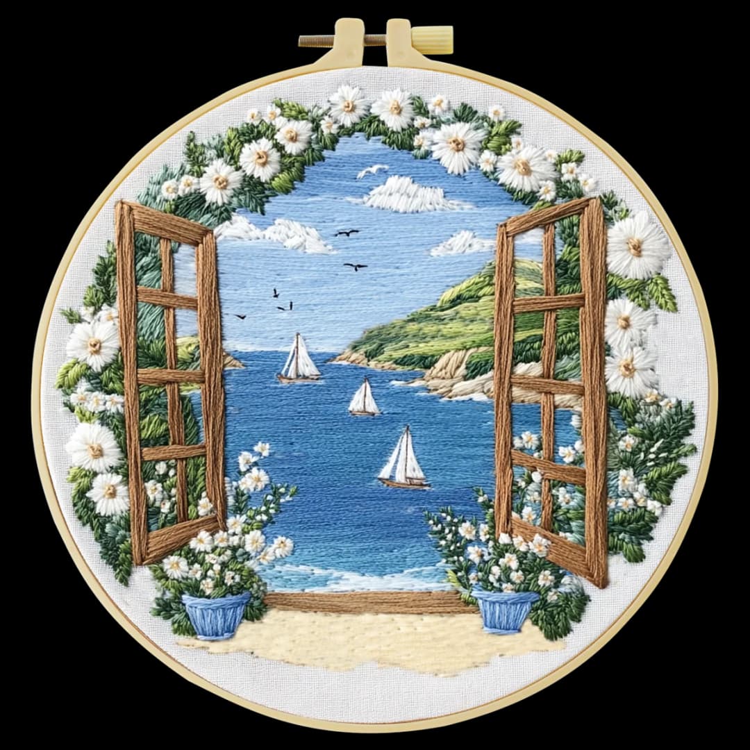 1pc 20X20CM/15X15CM 7.87/6.3inch Embroidery Starter Kit DIY kit Home Decor，Seaside view，Embroidery kit - 4