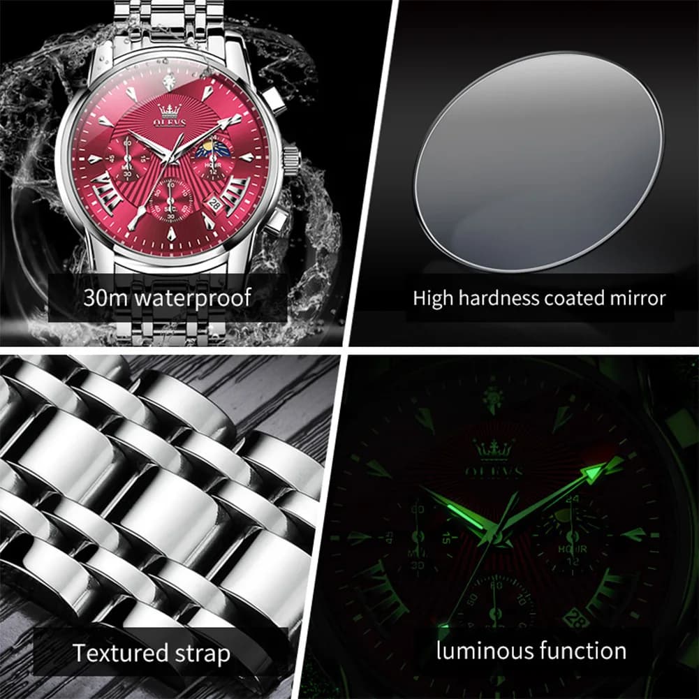 OLEVS Brand Fashion Red Watch For Men Luxury Sport Waterproof Stainless Steel Chronograph Quartz Watches Mens Relogio Masculino - 5