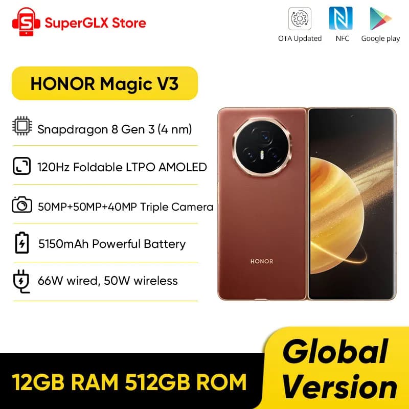الإصدار العالمي Honor Magic V3 5G قابل للطي بشاشة LTPO OLED بمعدل تحديث 120 هرتز مقاس 7.92 بوصة وكاميرات ثلاثية بدقة 50 ميجابكسل ومعالج Snapdragon 8 Gen 3 وبطارية سعة 5150 مللي أمبير في الساعة وشحن سريع 66 واط وNFC