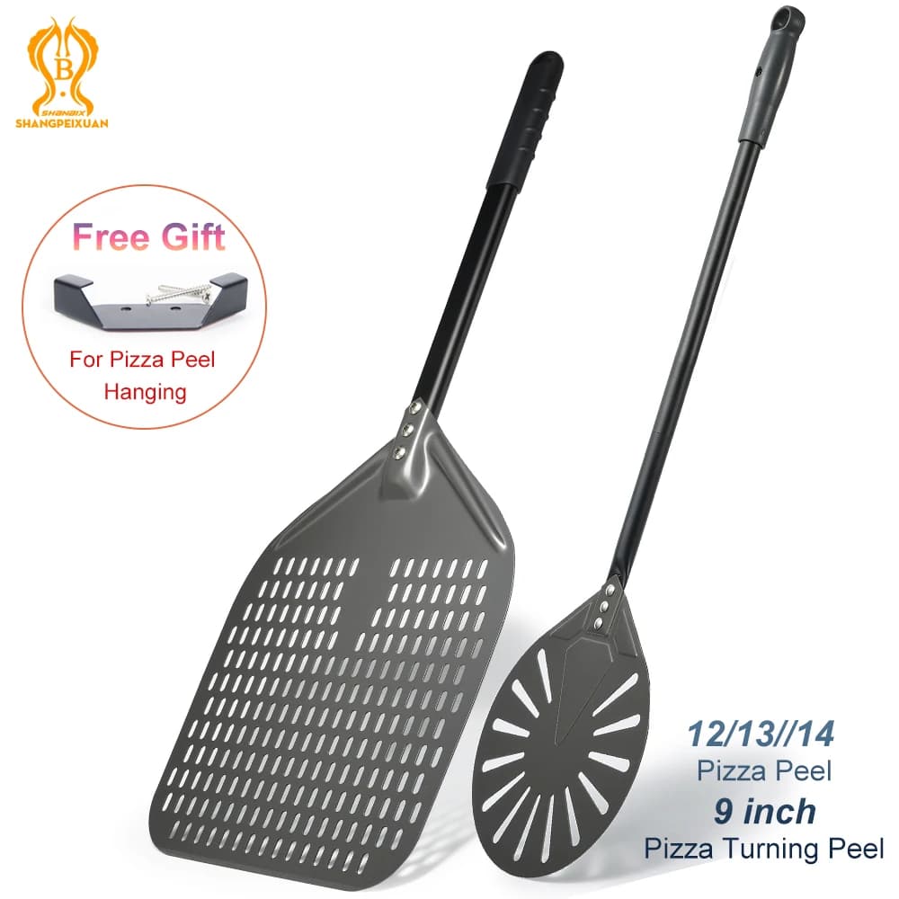 SHANGPEIXUAN 12 "قشر البيتزا الصلب بأكسيد مع مجموعة مجرفة تحول البيتزا مستطيلة مثقوبة الألومنيوم بيتزا قشر مقبض سيليكون