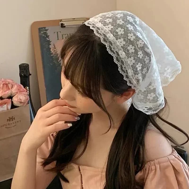 Women French Country Style Lace Mesh Triangle Scarf Spring Summer Floral Hair Scarf Elegant Headwrap Bohemian Hair Accessories