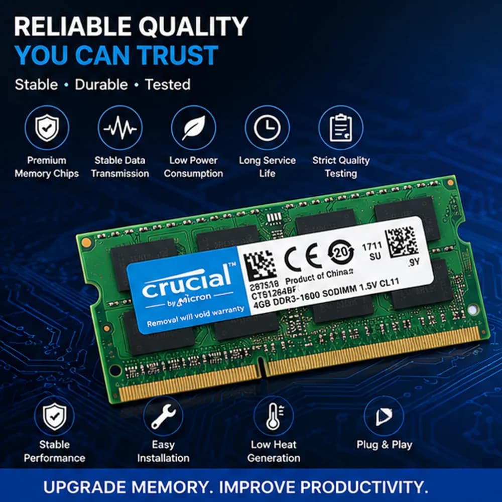 ذاكرة كروتيال DDR3 للابتوب، سعة 2 جيجابايت/4 جيجابايت/8 جيجابايت، SODIMM، تردد 1066-1866 ميجاهرتز، 204Pin، 1.35V/1.5V، PC3-10600/12800 - 2