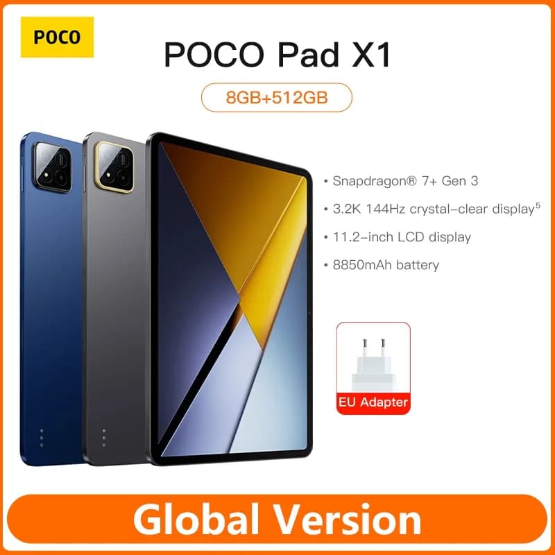 جهاز لوحي POCO Pad X1 مقاس 11.2 بوصة دقة 3.2K معدل تحديث 144Hz شاشة للعناية بالعين معالج Snapdragon 7 Gen 3 ذاكرة 8 جيجابايت تخزين 512 جيجابايت كاميرا 13 ميجابكسل شحن سريع 45 واط بطارية 8850mAh