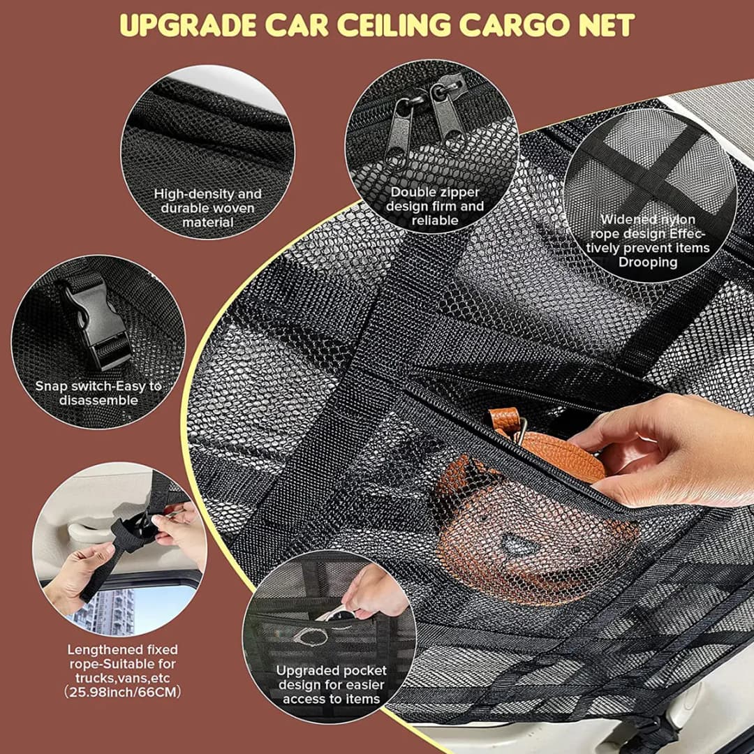 Car Strong Net Bag Load-Bearing Mesh Car Roof Storage Capacity Car Ceiling Auto Accessories Organizer Large Journey Space Saving - 4