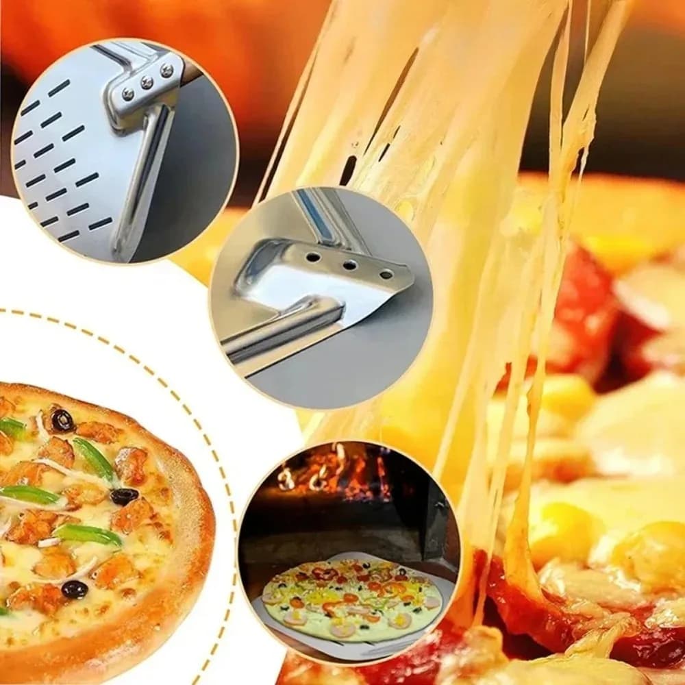 مجرفة بيتزا معدنية، سطح غير لاصق، مقبض خشبي، مثالية لنقل البيتزا والخبز - 3