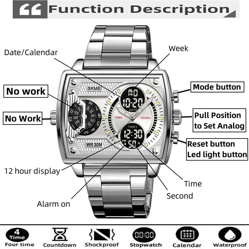 سكيمي ساعات رياضية رجالية متعددة المناطق الزمنية موضة عرض رقمي تناظري مقاومة للماء ساعة كوارتز معصم ليد كرونو منبه - 2