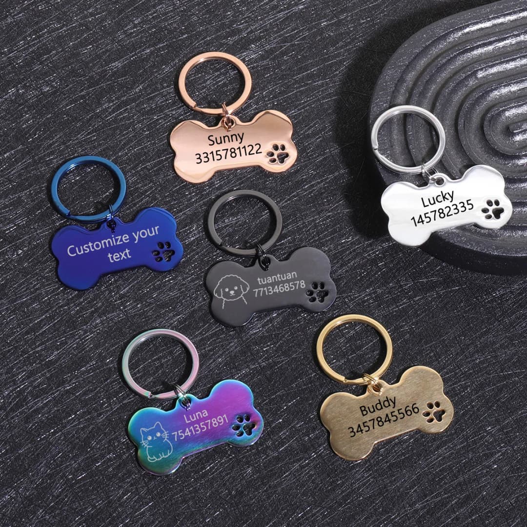 بطاقات تعريف مخصصة للكلاب والقطط مع نقش بالليزر للاسم والعنوان والرقم، قلادة على شكل عظمة