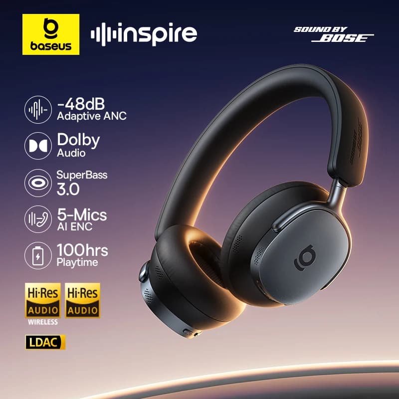 سماعات رأس لاسلكية Baseus Inspire XH1 من Bose مع تقنية إلغاء الضوضاء التكيفي ANC بتقنية Bluetooth 6.1 و 48dB، ودعم Hi-Res LDAC، وبطارية تدوم حتى 100 ساعة