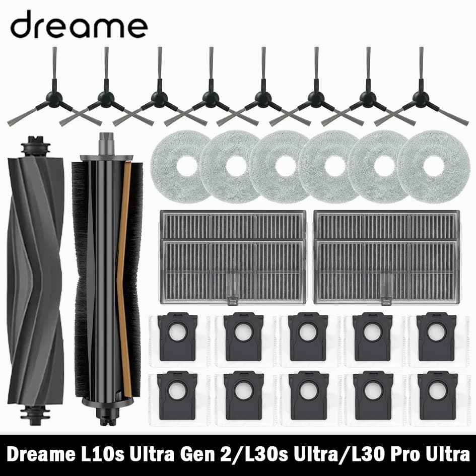 قطع غيار مكنسة دريم L30s Ultra و L10s Ultra Gen 2، بكرة رئيسية، فرشاة جانبية، فلتر Hepa، ممسحة، كيس غبار