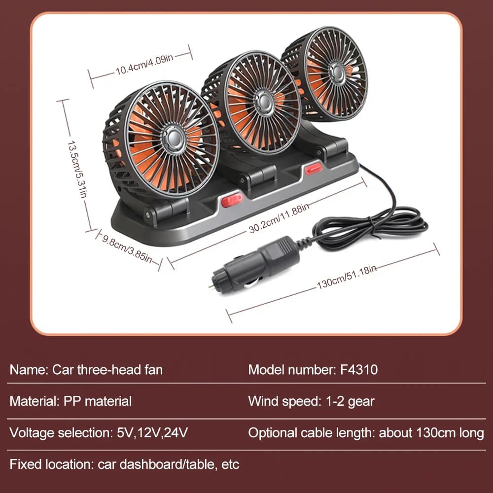مروحة سيارة قابلة للتعديل 360 درجة، 3 رؤوس، مروحة كهربائية للسيارات، USB/12V/24V، سرعتان، مروحة صامتة للمنزل والمكتب والسيارة - 6