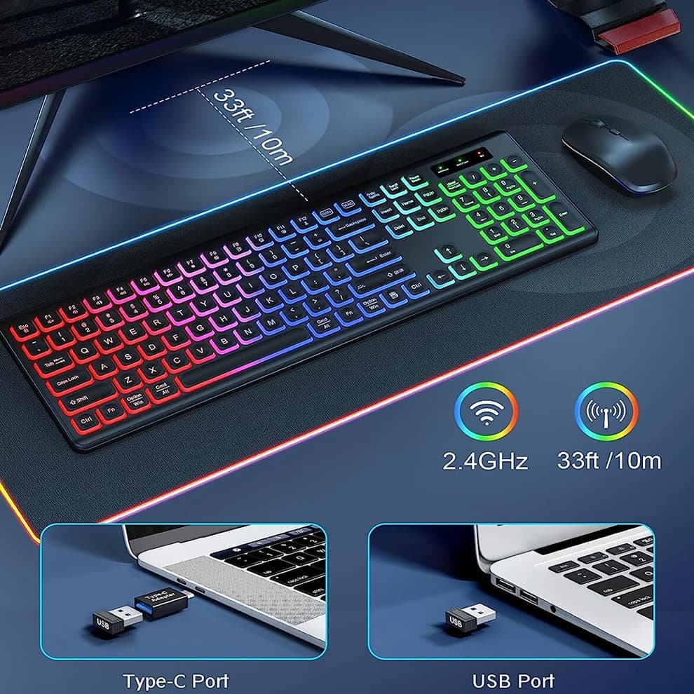 Jomaa Wireless Game Keyboard Controller for Gaming Windows Laptop RGB Backlit Full Size Keyboard and Mouse Set Rechargeable - 2