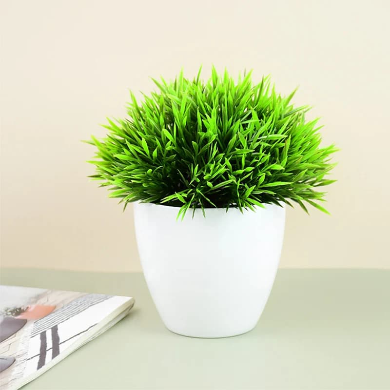 نباتات اصطناعية في أصيص بونسي أخضر صغير شجرة عشب نباتات أصيص زينة زهور صناعية لديكور حديقة المنزل حفلات الزفاف - 3