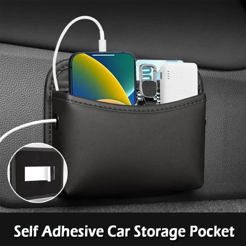 Black PU Leather Car Organizer Pocket Bag For Collecting Bag Cards Phone Key Paste Box Self Adhesive Car Storage Pocket - 3