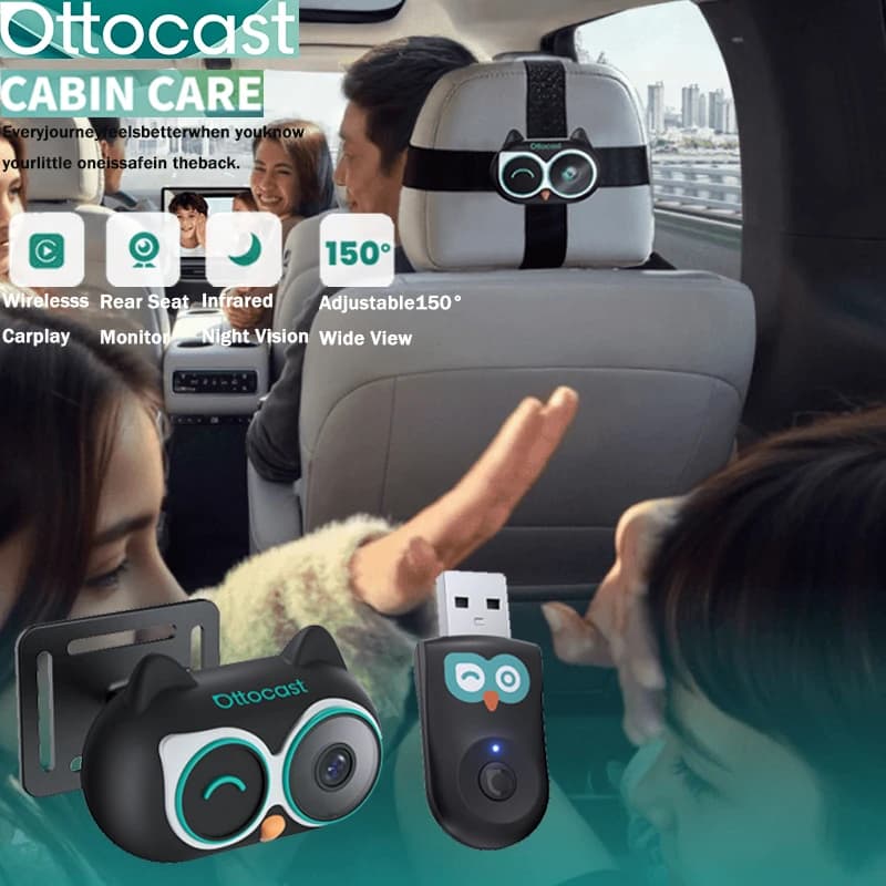 محول كاربلاي لاسلكي Ottocast Cabin Care كاميرا سيارة للأطفال بدقة 1080 بكسل عالية الدقة بزاوية واسعة 150 درجة ورؤية ليلية شاشة المقعد الخلفي لـ 98% من السيارات