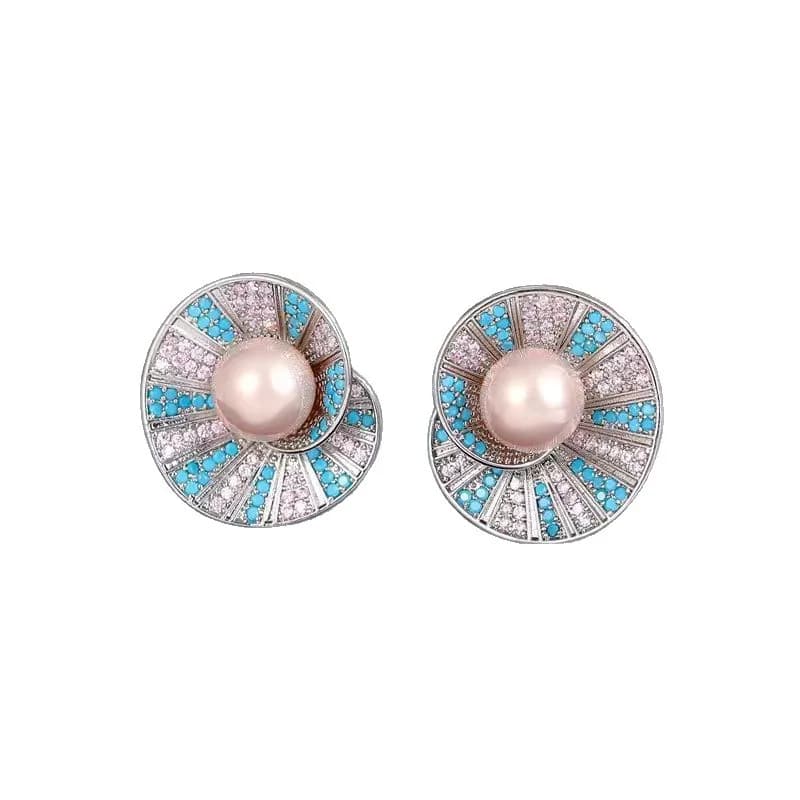 Vintage Elegant Blue Crystal Shell Pearl Conch Shape Stud Earrings for Women Fashion Simple Geometry Round Jewelry Party Gift - 6