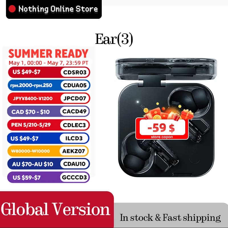 Nothing Ear (3) Wireless Earbuds Super Mic 45dB Hybrid Active Noise Cancelling Bluetooth Headphones Hi-Res 6 Mics, 12mm Dynamic