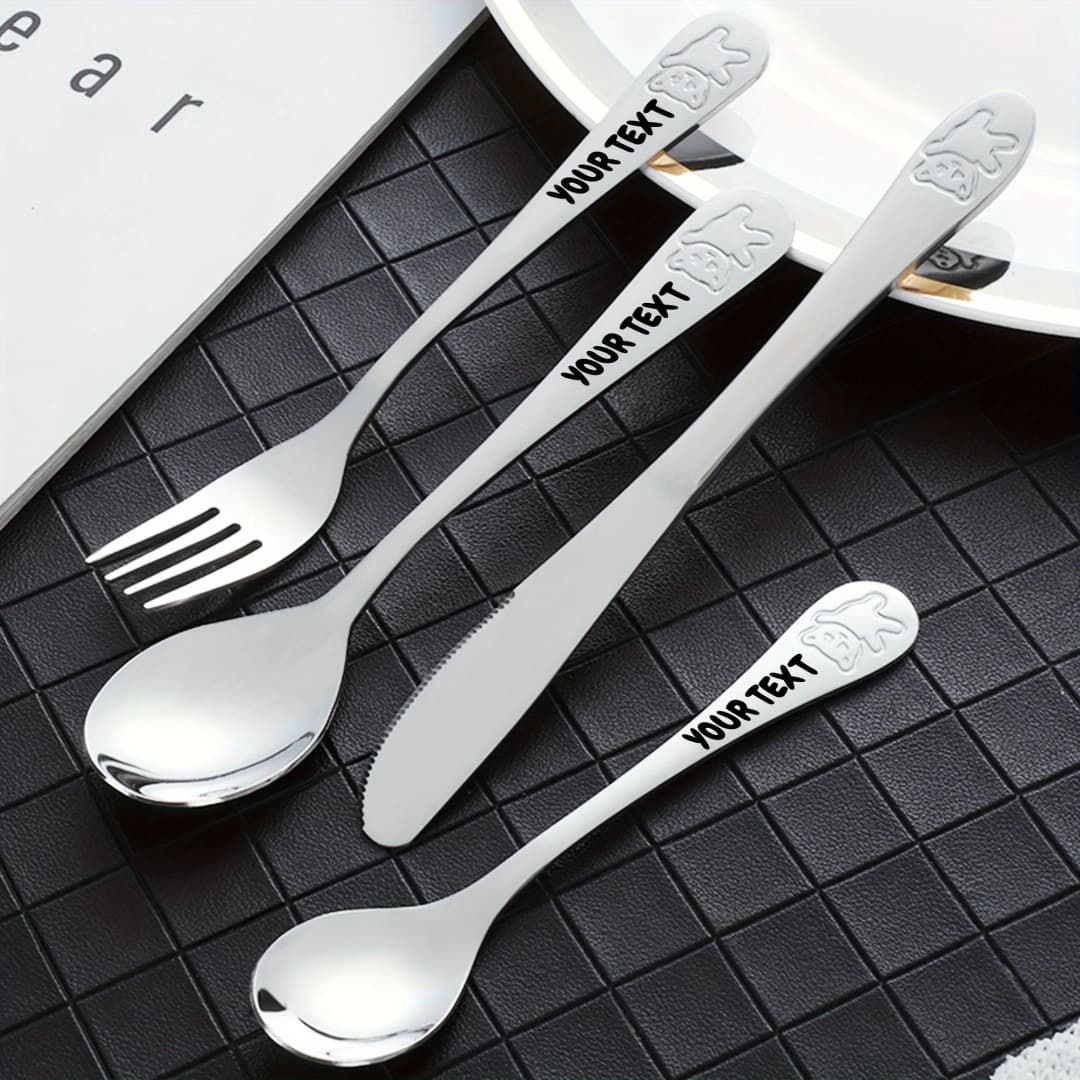 4pc Customizable Name 304 Stainless Steel Flatware Set with Cute Bear Design Personalized Text Include Knife Fork Spoon Teaspoon - 5