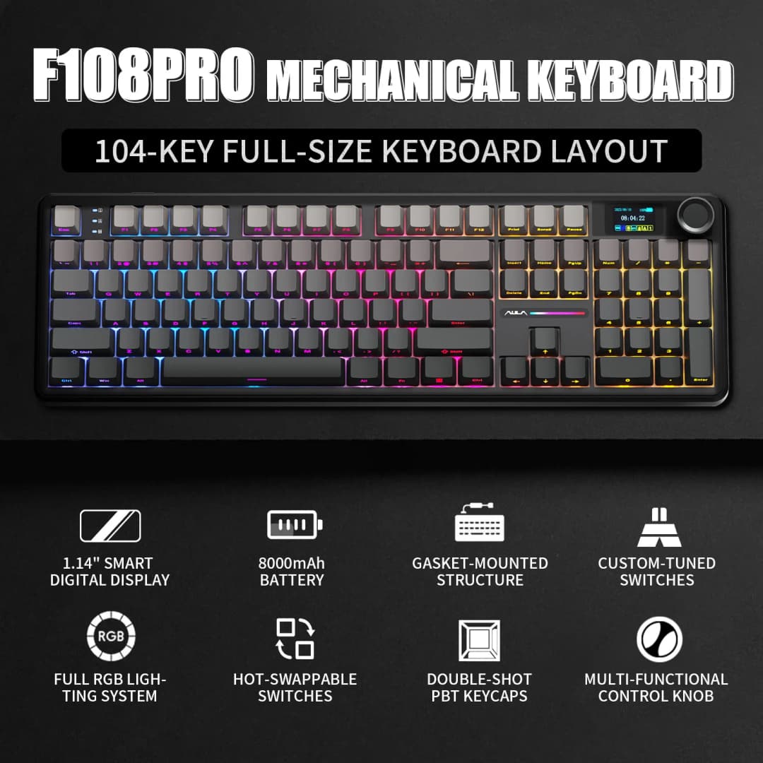 AULA F108 PRO/F108 Mechanical Keyboard Custom 100% Layout RGB Backlight Wireless Bluetooth Hifi Switch Gaming Keyboard