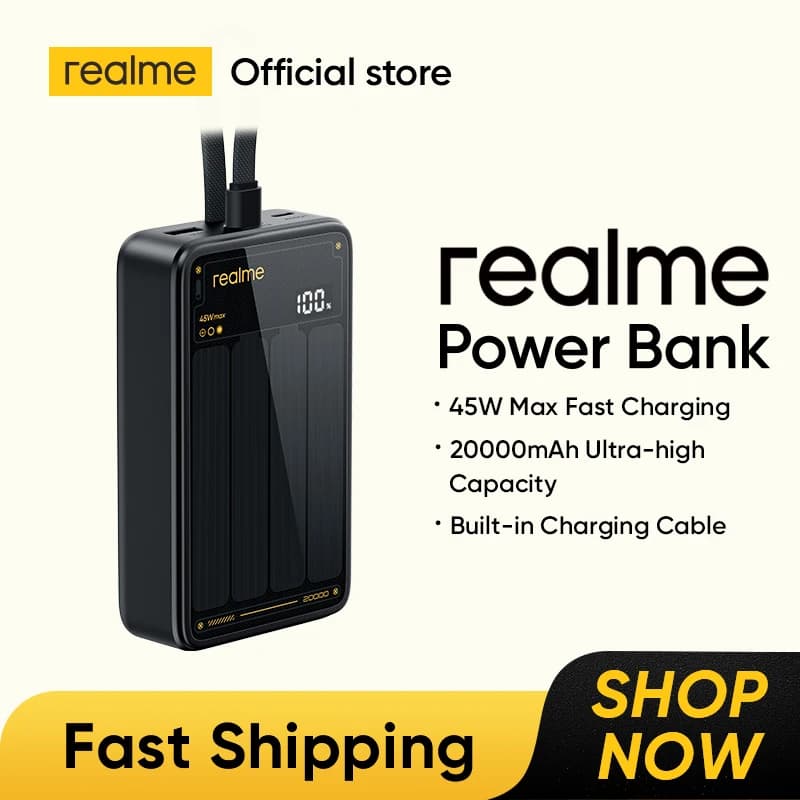 realme TechLife 45W Cabled Power Bank 20000mAh Capacity Built-in Charging Cable 3 Output Ports