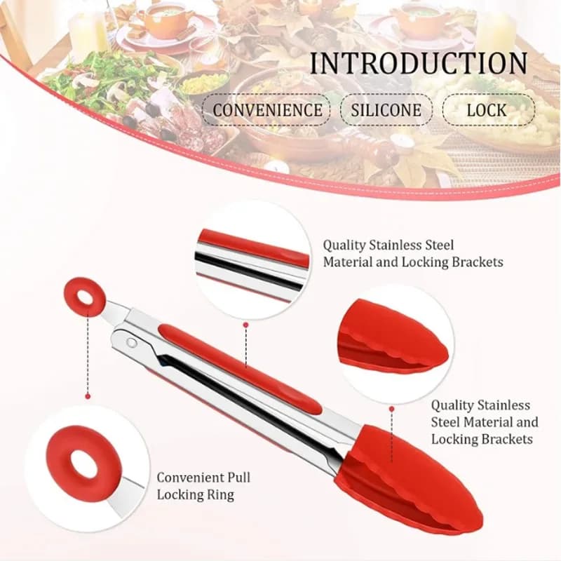 9-inch silicone food tongs Kitchen Grill stainless steel food grade silicone tip non-slip food tongs for BBQ salad breads - 3