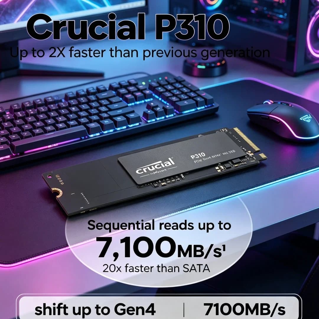 قرص صلب داخلي عالي الجودة Crucial P310 NVMe M.2 SSD، PCIe Gen4، تقنية 3D NAND، سرعة تصل إلى 7100 ميجا بايت/ثانية، للكمبيوتر الشخصي، حزمة OEM الأصلية