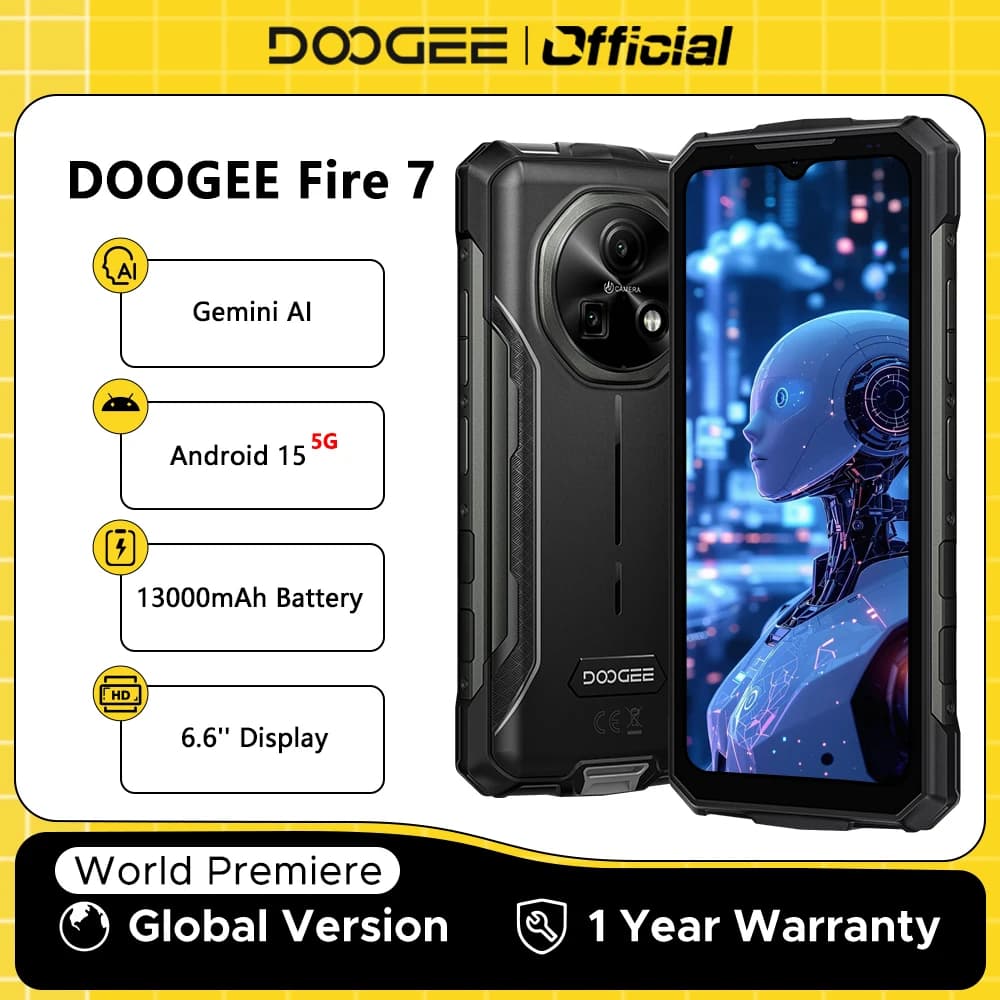 هاتف DOOGEE Fire 7 5G متين مع تقنية Gemini AI، بطارية 13000 مللي أمبير، شاشة 6.6 بوصة، كاميرا 64 ميجابكسل، معالج Dimensity 6300، نظام أندرويد 15 مع تقنية NFC