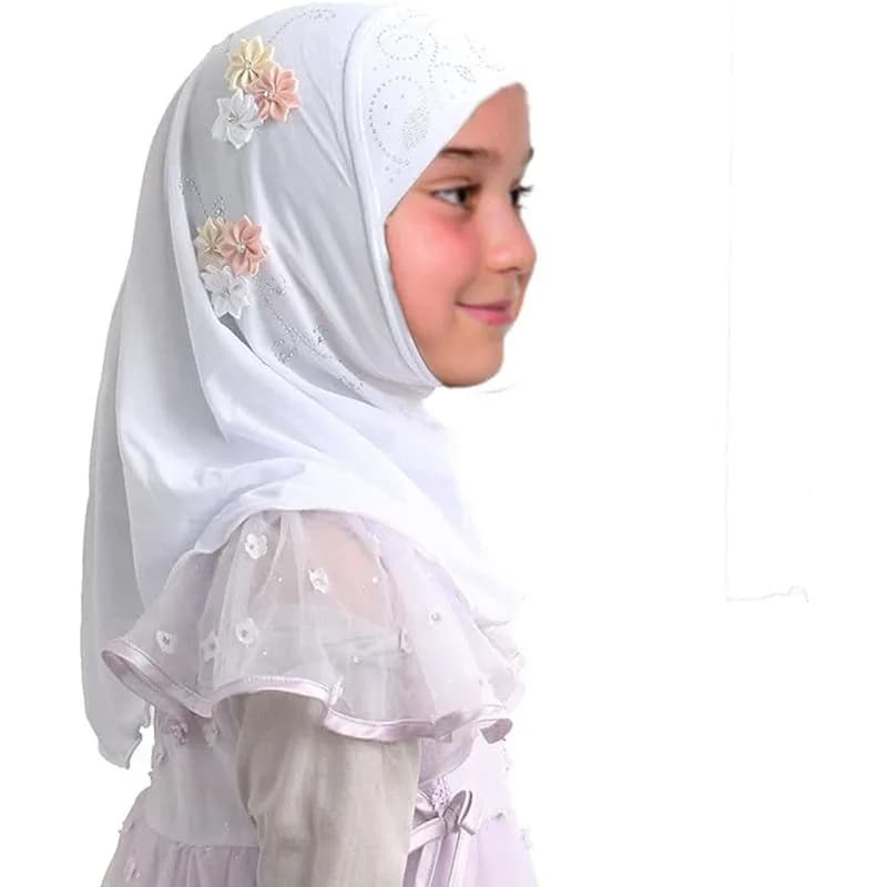 الفتيات وشاح الحجاب الفوري مسلم بونيه الحجاب زهرة يدوية الصنع جميل حجر الراين رئيس التفاف عمامة للأطفال 2-6 سنوات - 2