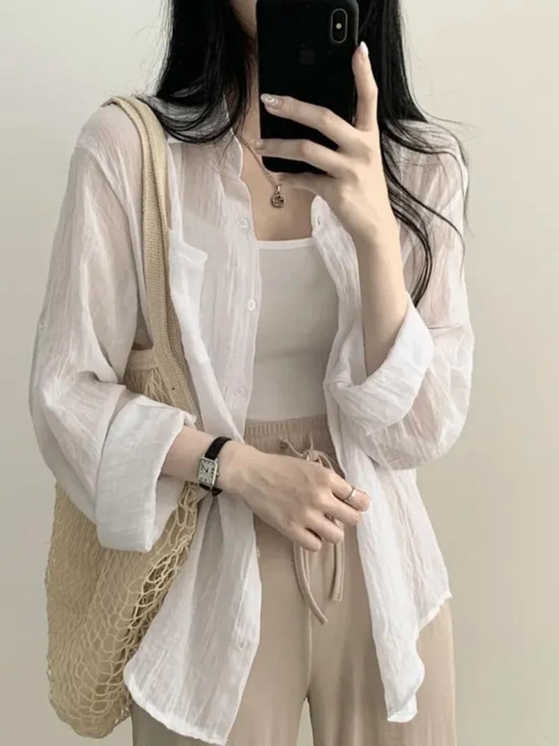 Summer New Ice Cream Color Loose Long Sleeve Women's Shirt Sun Protection Folded Design Commute Style Thin Material Pure Color - 2