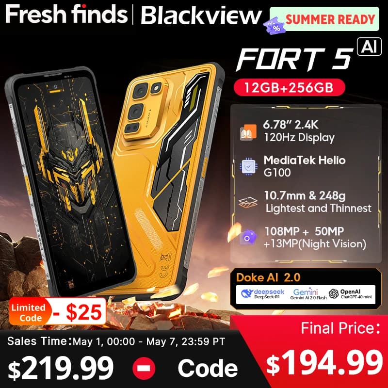 【عرض عالمي أول】هاتف Blackview Fort 5 المتين بشاشة 6.78 بوصة بدقة 2.4K ومعدل تحديث 120 هرتز وكاميرا 108 ميجابكسل ومكبر صوت 2 واط بتصنيف IP68 وIP69K