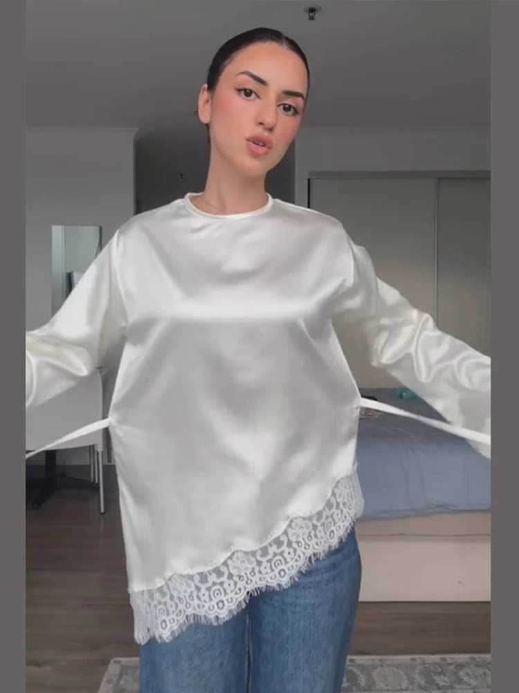 Elegant Satin Lace Patchwork Top Women O-neck Loose Long Sleeves Strappy Female shirt 2026 Spring Autumn Chic Lady T-shirt - 3
