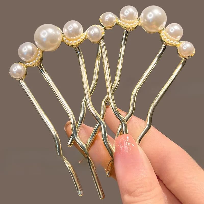 2pcs Fashion Metal U-Shaped Hair Sticks Women Girls Korean Simple Pearl Hair Clip Pins Bun Maker Hairstyle Tools Hair Accessory - 2