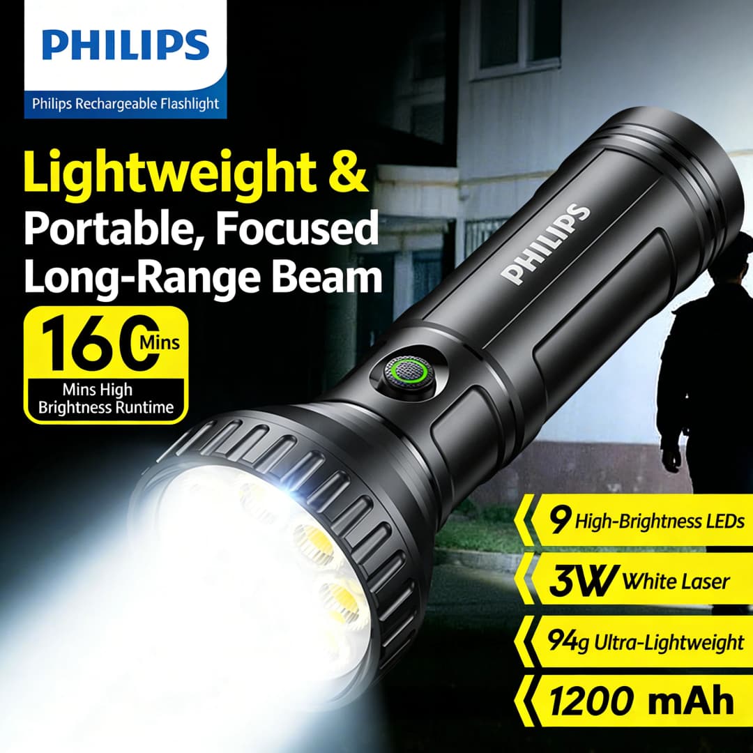 Philips SFL 1252 Ultra-Light 94g LED Flashlight with 9 Bright Beads Long Battery Life 160 Minutes