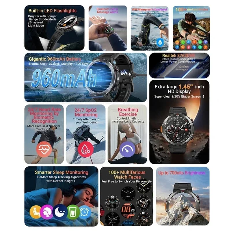 بلاك فيو W50 برو ساعة ذكية - شاشة 1.45 بوصة HD، مصباح يدوي، بلوتوث، مكالمات هاتفية، بطارية 960 مللي أمبير - 2