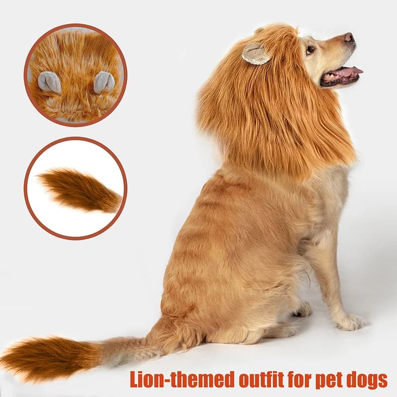 Realistic Lion Mane Wig for Dogs, Pet Cosplay Costume with Ear Holes, Adjustable Fit for Medium Large Dogs, Fun Pet Accessory - 2