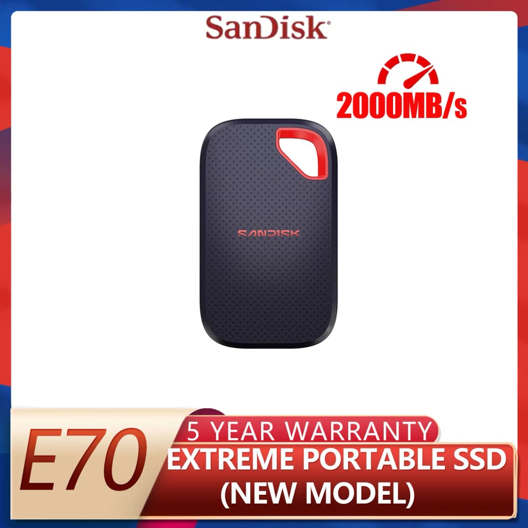 سان ديسك E70 إكستريم SSD محمول سعة 1 تيرابايت و2 تيرابايت، بسرعة نقل تصل إلى 2000 ميجابايت/ثانية، USB-C، أحدث طراز، خارجي عالي المتانة وموثوق