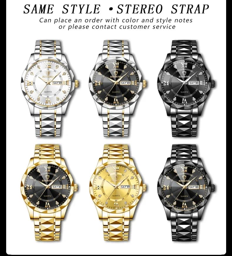 Binbang B2521 Men's Watch Waterproof Night Glow Double Calendar Watch Men's Business Quartz Watch Diamond Pointed Glass - 6