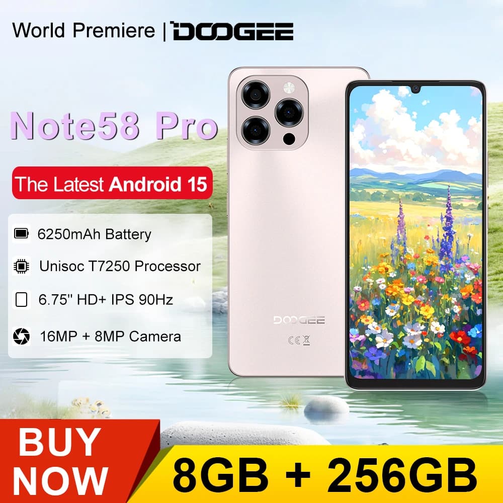 هاتف DOOGEE Note 58 Pro بذاكرة وصول عشوائي 8 جيجابايت وذاكرة قراءة فقط 256 جيجابايت ونظام أندرويد 15 وشاشة 6.75 بوصة بدقة HD+ ومعدل تحديث 90 هرتز وبطارية 6250 مللي أمبير في الساعة وتقنية NFC