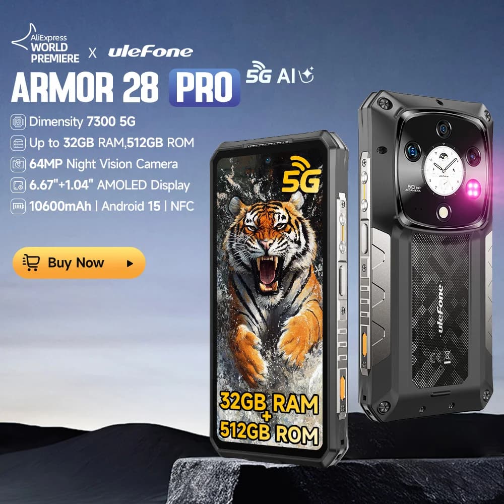 هاتف Ulefone Armor 28 Pro 5G الذكي المتين بتقنية الذكاء الاصطناعي، ذاكرة تخزين 512 جيجابايت، معالج MTK Dimensity 7300، بطارية 10600 مللي أمبير، شاشة AMOLED مقاس 6.67 بوصة، كاميرا 64 ميجابكسل