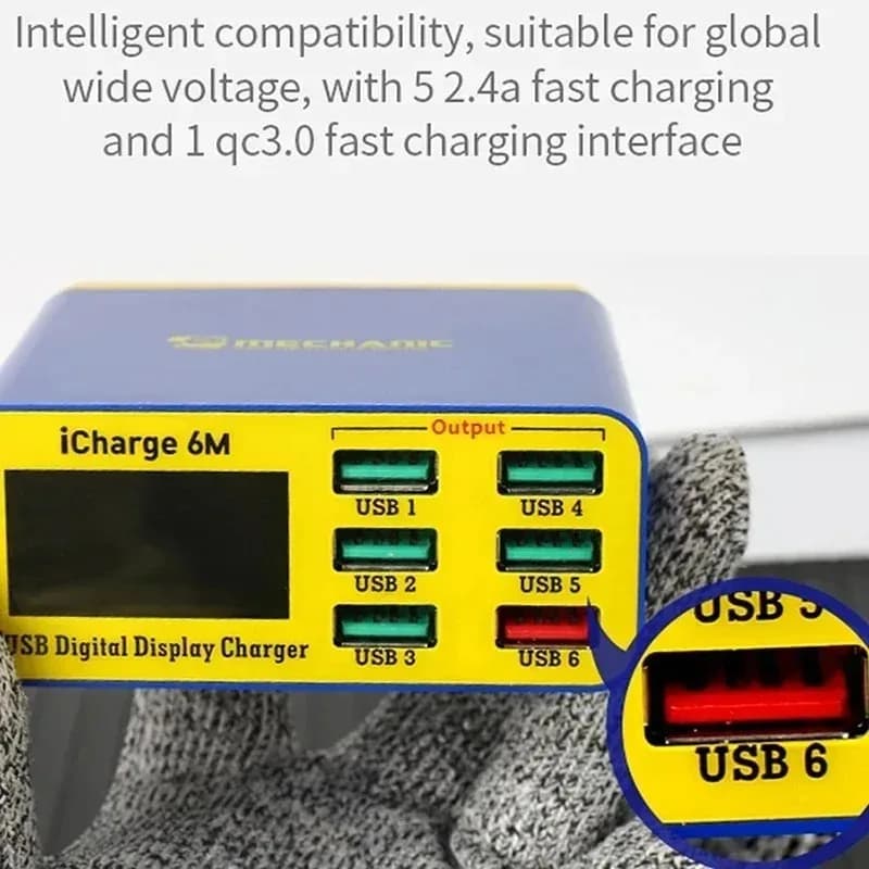 MECHANIC iCharge 6M QC 3.0 USB Smart Charge Support Fast-charging With LCD Digital Display Multi-Port Charger For Tablet Phone - 6
