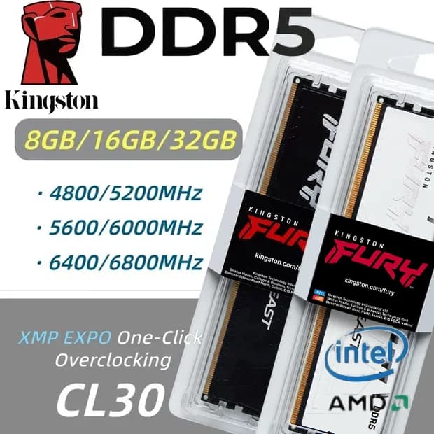ذاكرة Kingston Fury Beast DDR5 RAM لسطح المكتب بتقنية Intel XMP3.0/AMD EXPO، CL30/40، بسعات 8/16/32 جيجابايت، بسرعات 4800/5200/5600/6000/6400/6800 ميجاهرتز DIMM