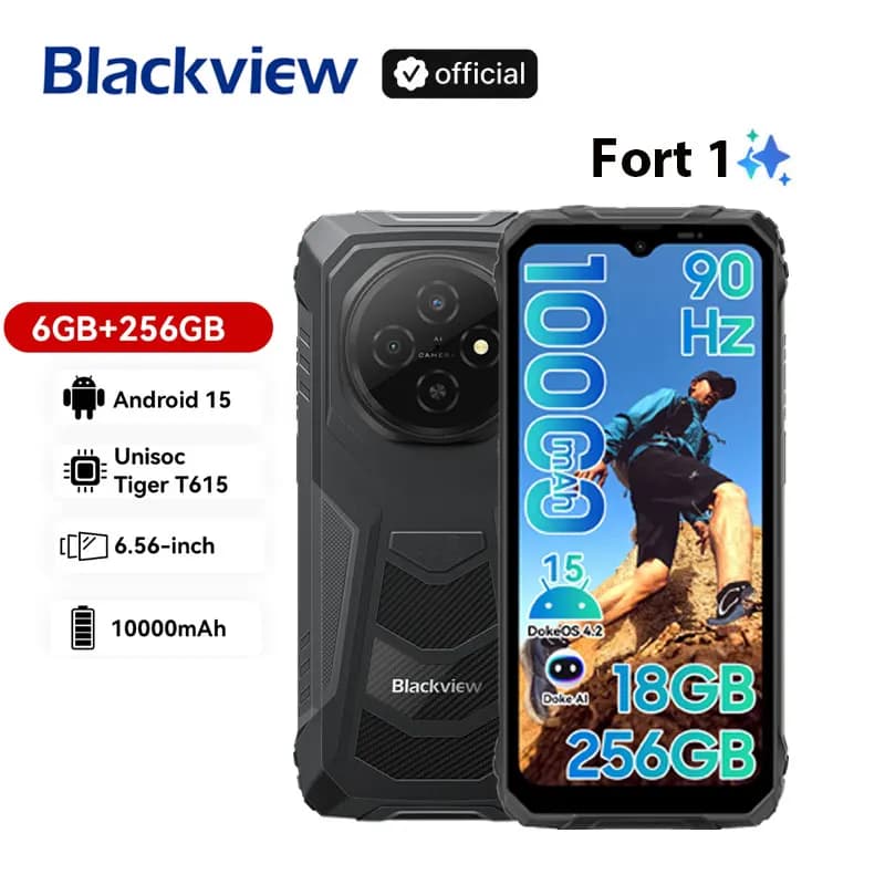 Blackview FORT 1 Rugged Phones, 6.65-inch Android 15 AI Smart Phone 6GB RAM 256GB+2TB ROM, Unisoc Tiger T615 10000mAh Cellphones