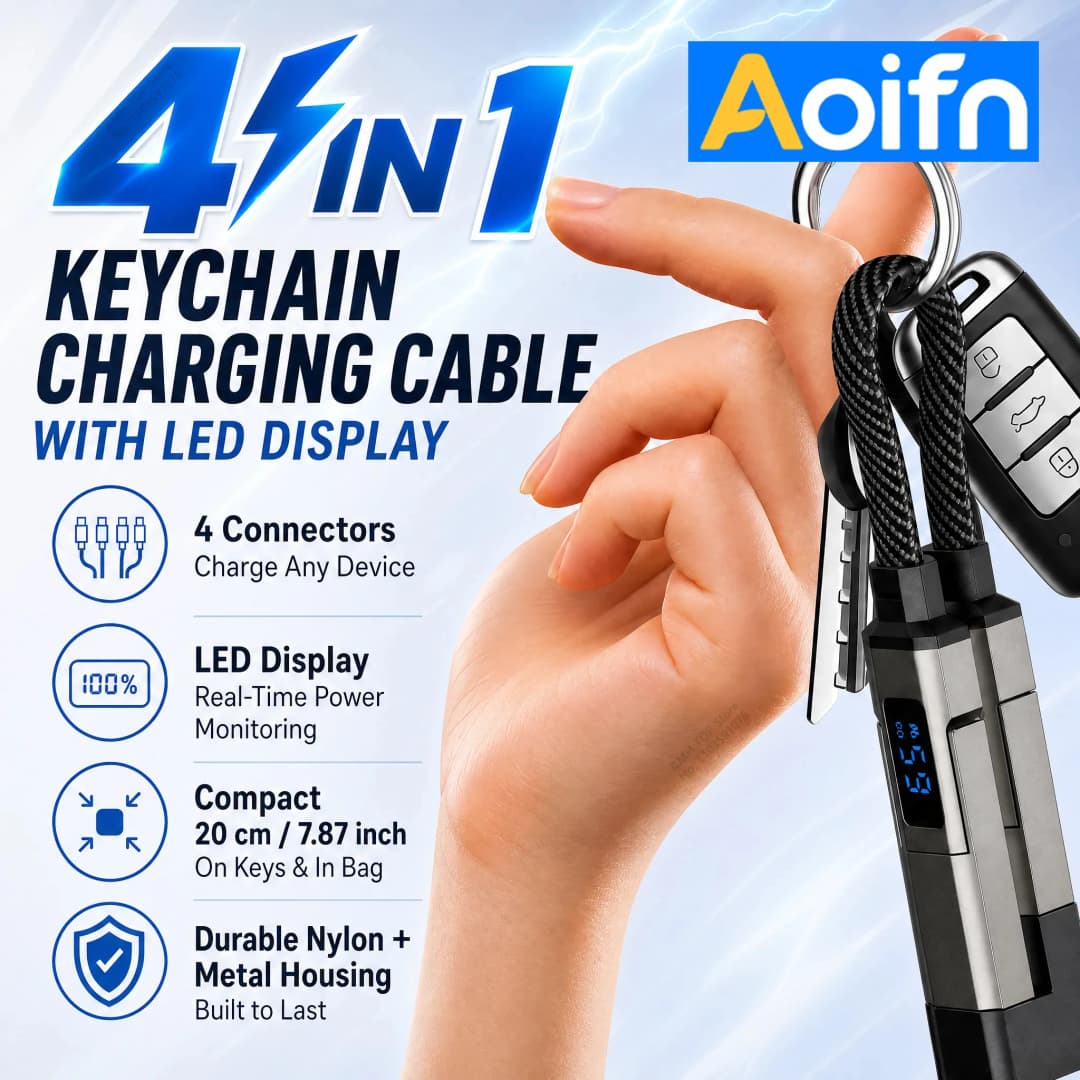 كابل شحن Aoifn 4 في 1، كابل شحن سريع USB C مع عرض طاقة LED، كابل متعدد محمول للهواتف والأجهزة اللوحية