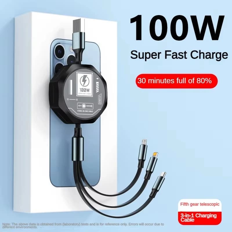 3 in 1 Retractable USB 100W Cable Fast Charging Micro USB 5A Type-C Android Suitable for iPhone Xiaomi Huawei Samsung Charging - 3