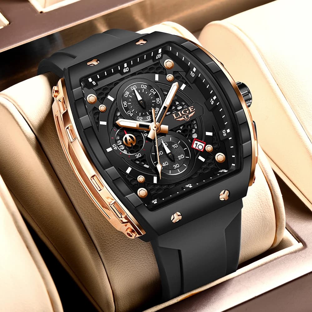 LIGE Men Watches Top Brand Luxury Square Silicone Watch For Men Fashion Military Quartz Waterproof Chronograph Relogio Masculino - 6