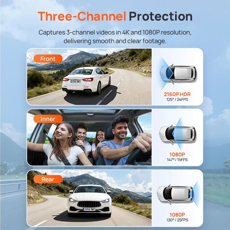 70mai 4K T800E كاميرا سيارة بثلاث قنوات أمامية وخلفية وداخلية 3 في 1 مع التحكم الصوتي ودعم موقف السيارة لمدة 24 ساعة ومكثف فائق وGPS 4K - 3