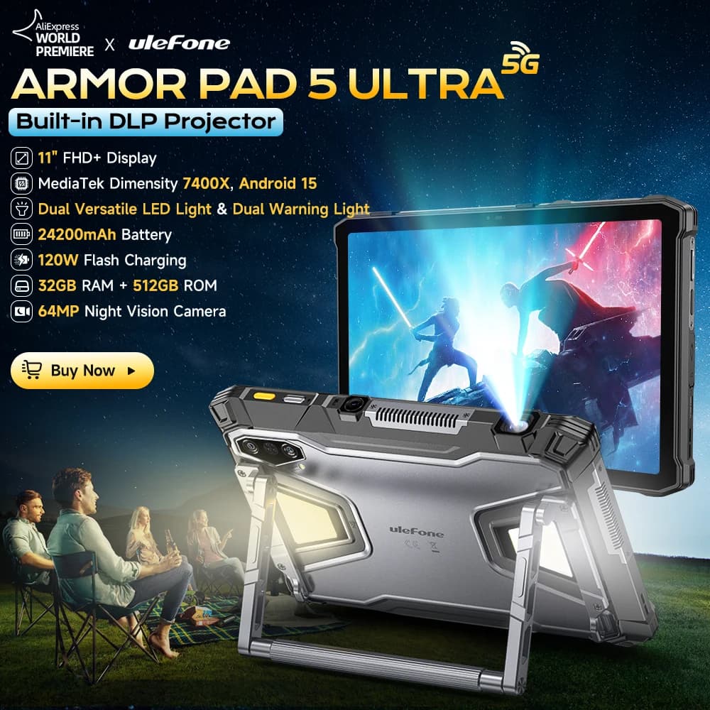 جهاز لوحي Ulefone Armor Pad 5 Ultra 5G متين مع جهاز عرض محمول 200LM وبطارية 24200 مللي أمبير وسعة تخزين حتى 12 جيجابايت + 512 جيجابايت ونظام أندرويد 15 وشاشة 11 بوصة FHD وكاميرا 64 ميجابكسل