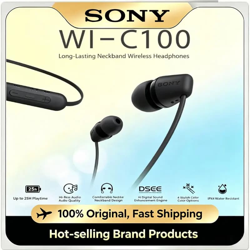 Sony WI-C100 Neckband Bluetooth Headphones Deep Bass In-Ear Sport Earphones With Mic For Running