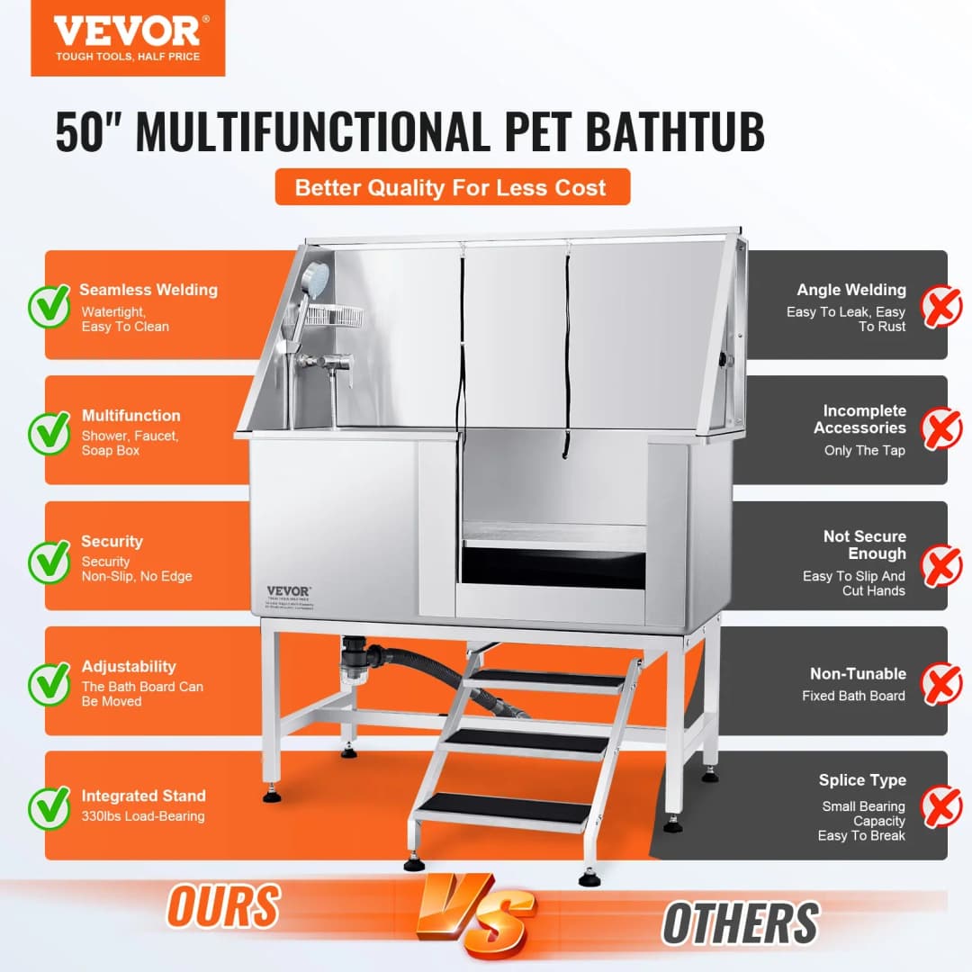 VEVOR 50" Pet Dog Bathing Station with Stairs Faucet Bathtub Stainless Steel Dog Grooming Tub for Large Pets Washing Sink - 2