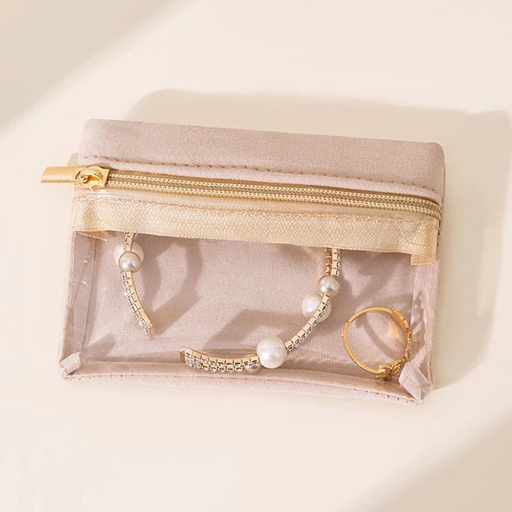 Portable Jewelry Storage Bag Earrings Necklace Velvet Zipper Pouch Travel Watch Ring Organizer Clear Water-Proof Dustproof Bag - 2