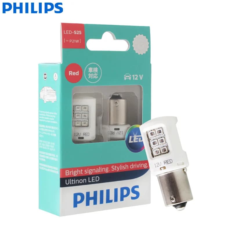 Philips LED P21W S25 BA15s Ultinon Red Color Car Turn Signal Indicators Light Rear Lamp Brake Stop Light 11498ULRX2, Pair - 2